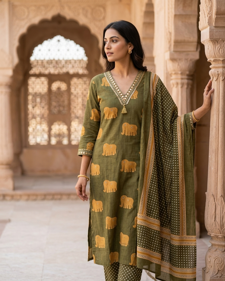 Olive Green Heritage Elephant Motif 3-Piece Kurta Set