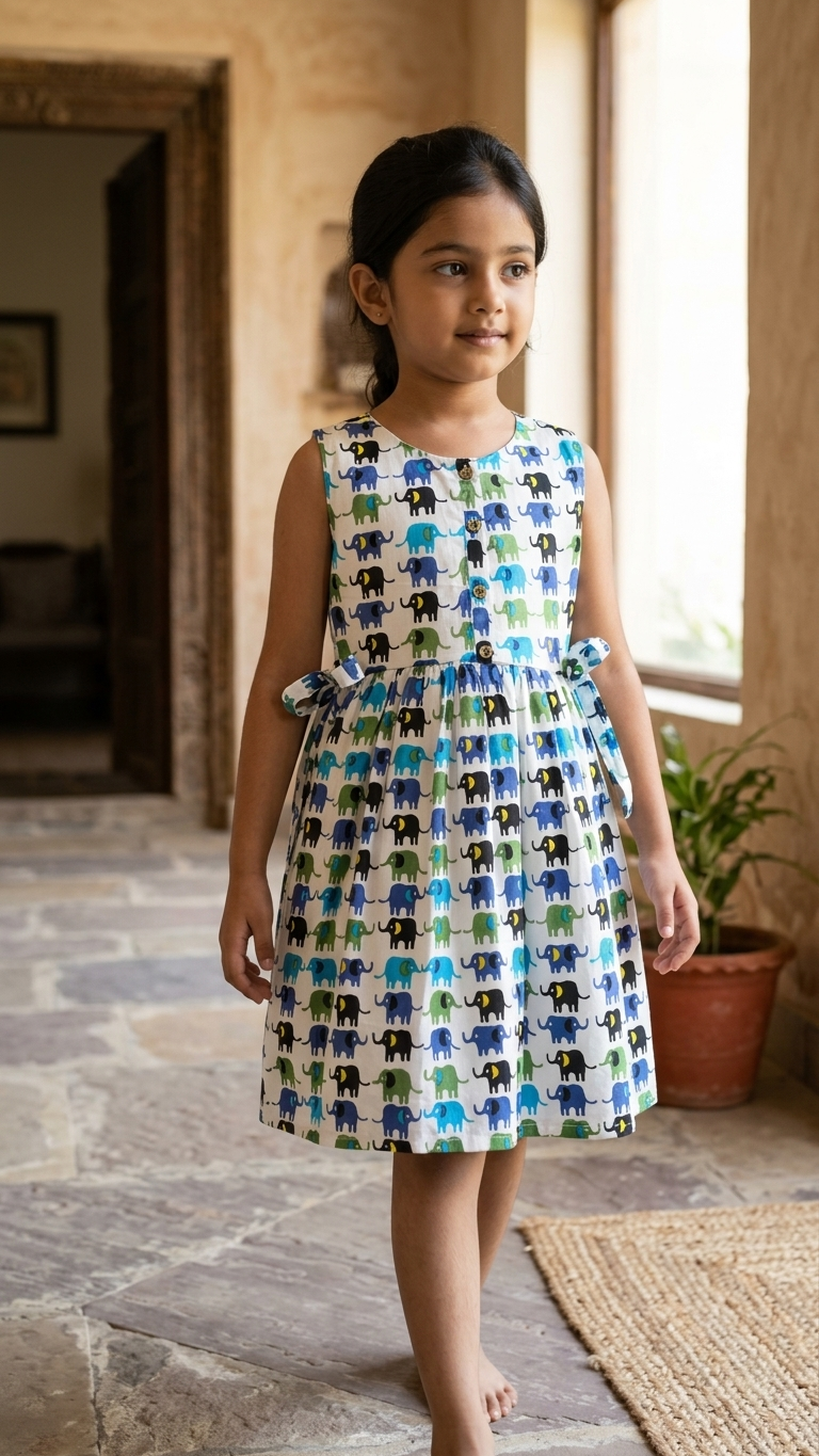 Royal Blue & Green Elephant Print Girls' Cotton Sleeveless Frock
