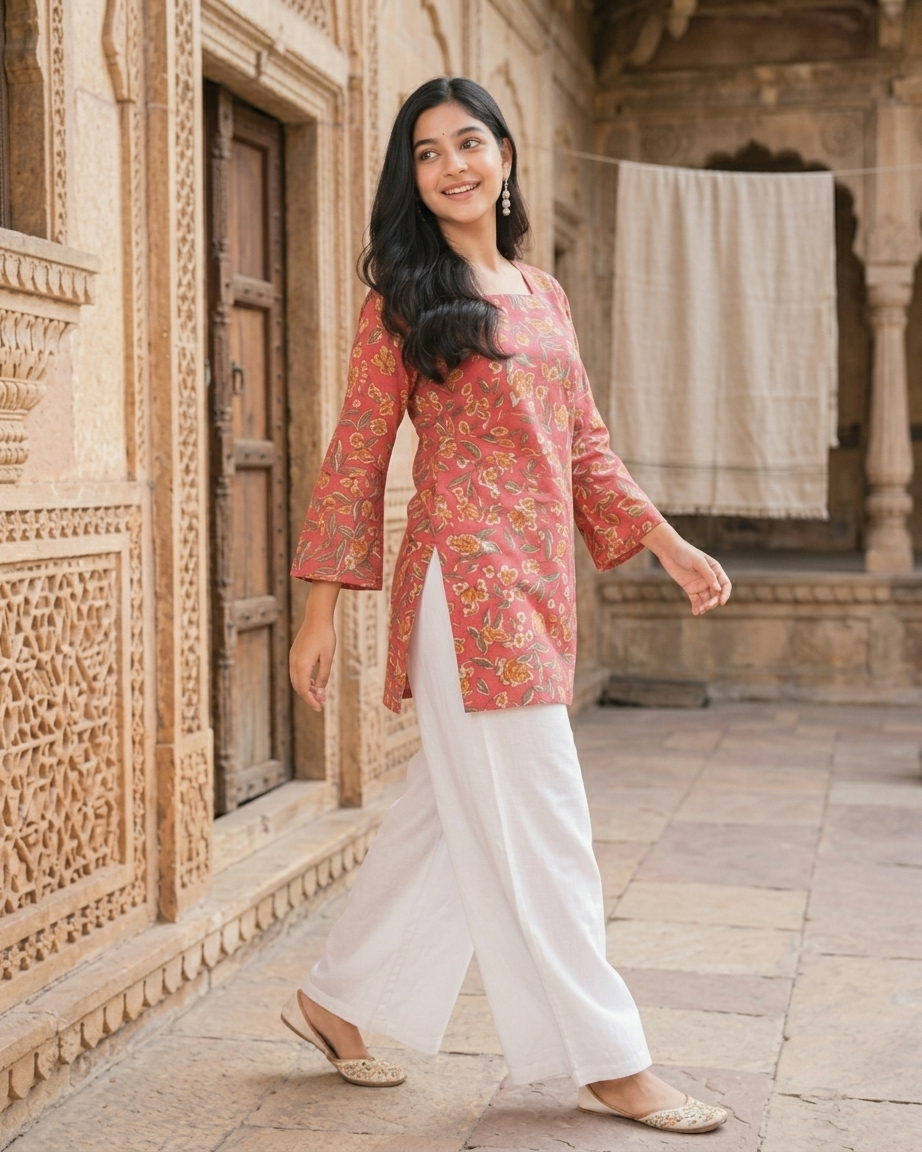 Peach-Pink Floral Cotton Short Kurti with Flared Sleeves