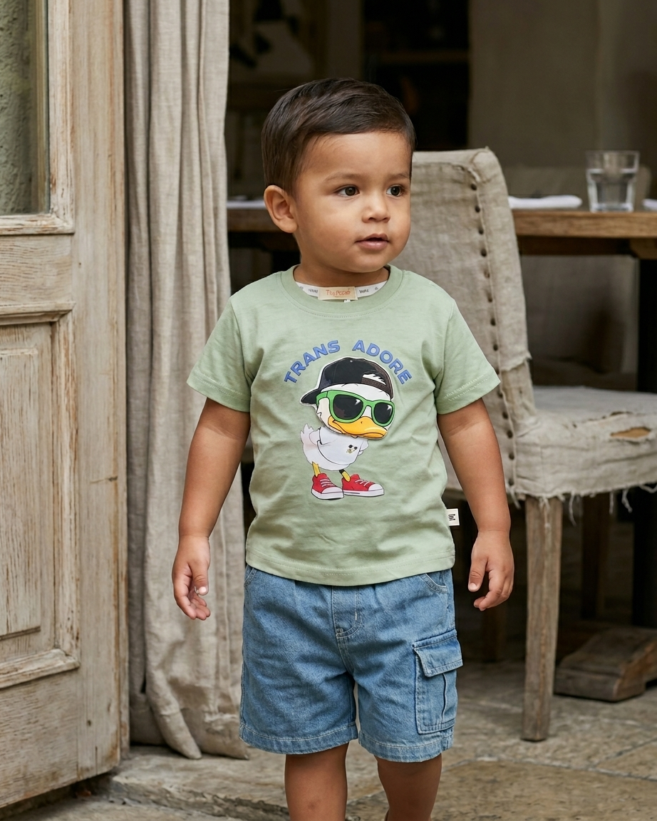 Urban Duckling: Boys' Sage Green Graphic Tee & Denim Shorts Set