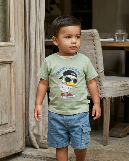 Urban Duckling: Boys' Sage Green Graphic Tee & Denim Shorts Set