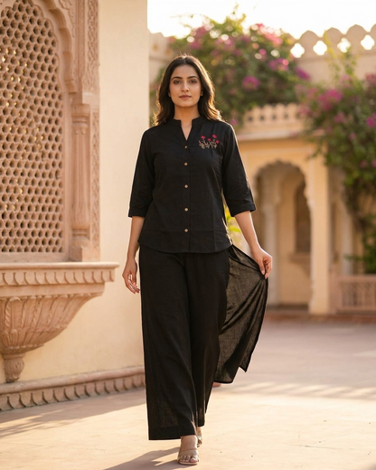 Minimalist Floral Embroidered Button-Down Co-ord Set
