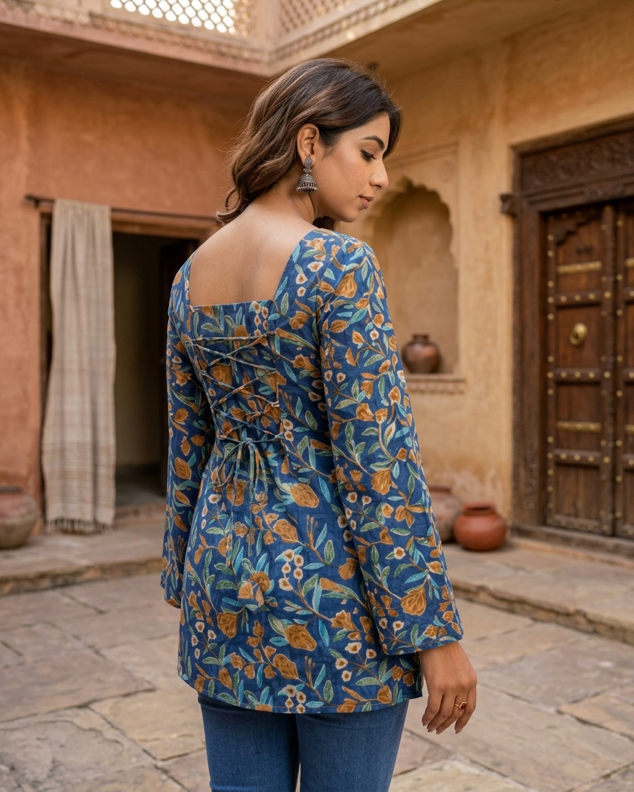 Royal Blue Floral Cotton Kurti with Lace-Up Back & Flared Sleeves