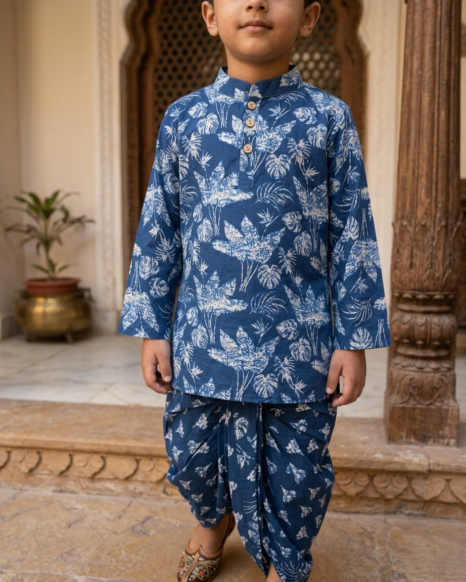 Midnight Botanic Boys' Cotton Kurta & Ready-to-Wear Dhoti Set