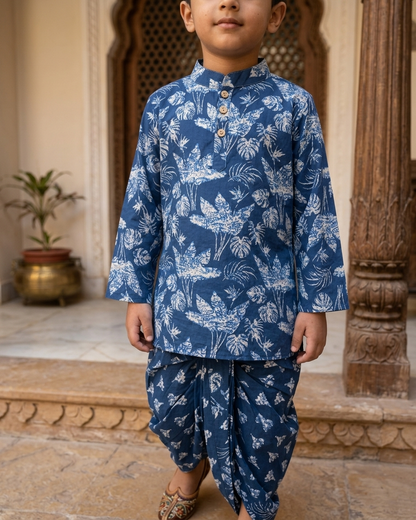 Midnight Botanic Boys' Cotton Kurta & Ready-to-Wear Dhoti Set