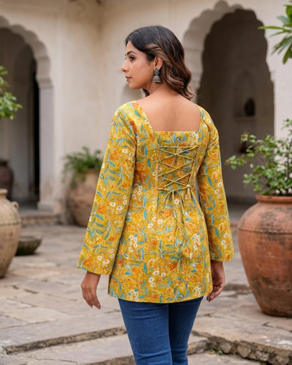 Mustard Yellow Floral Cotton Kurti with Lace-Up Back & Bell Sleeves