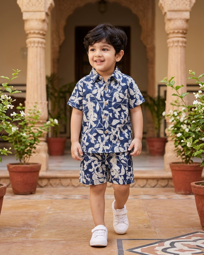 Indigo Leaf Print Boys' Cotton Co-ord Set: Shirt & Shorts