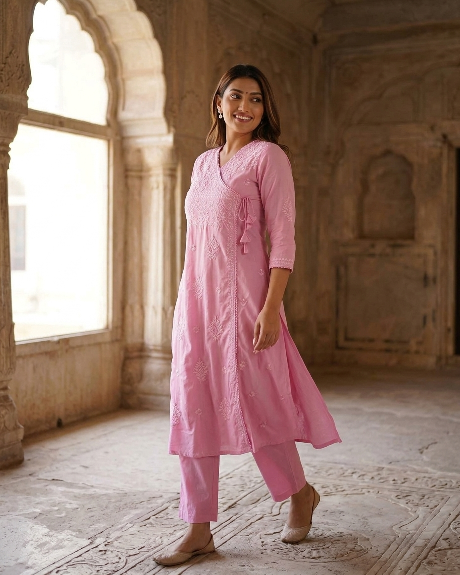 Soft Pastel Angrakha chikan kari Embroidered Kurta Set in Pink