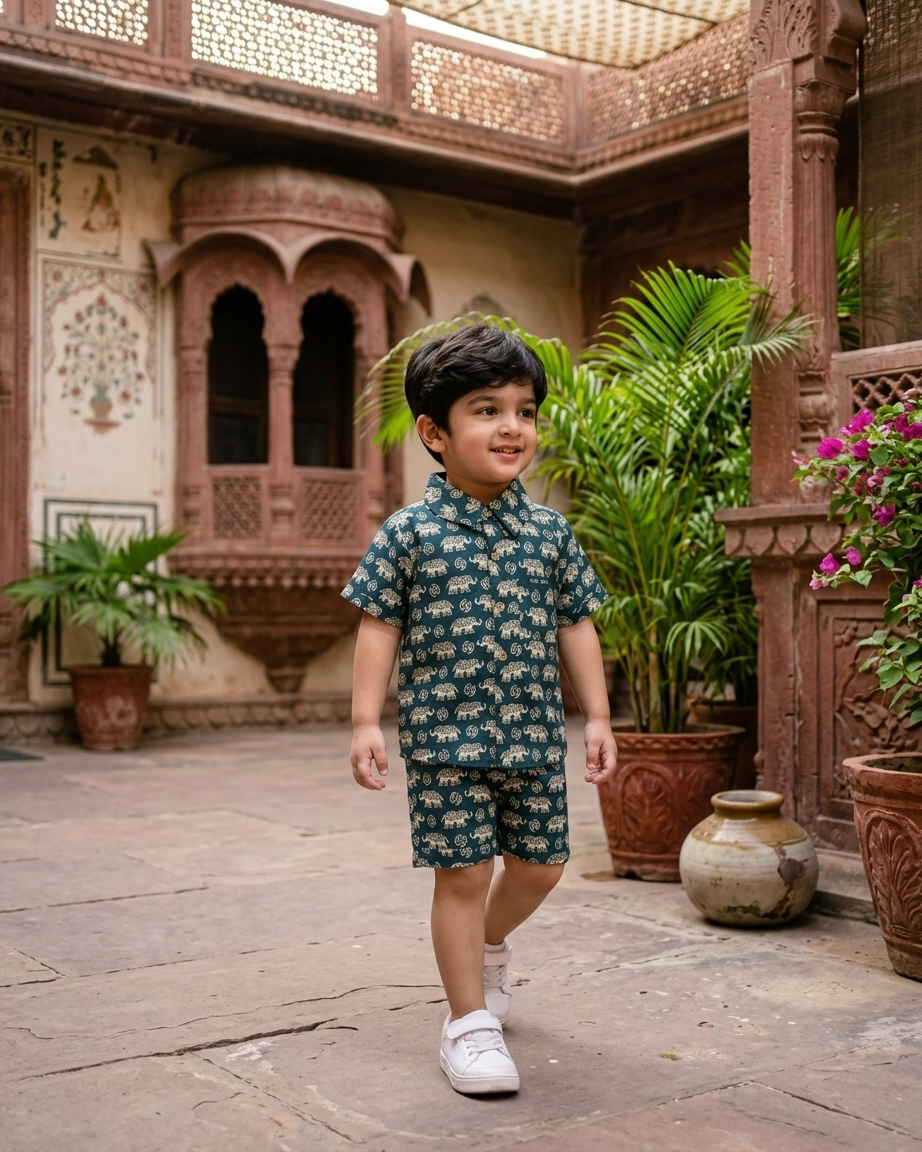 Deep Teal Elephant Motif Boys' Cotton Co-ord Set: Shirt & Shorts