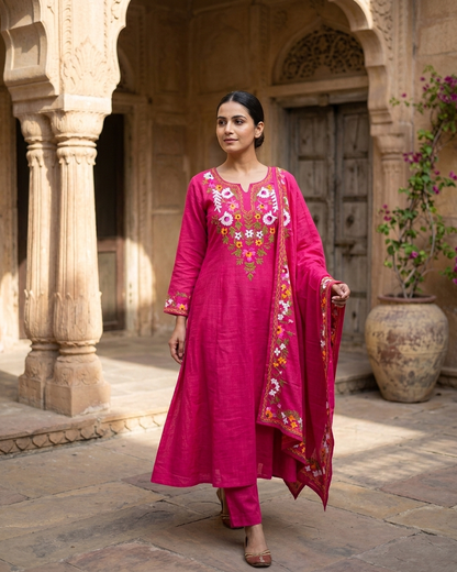 Floral Embroidered Kurta Set in Rani pink