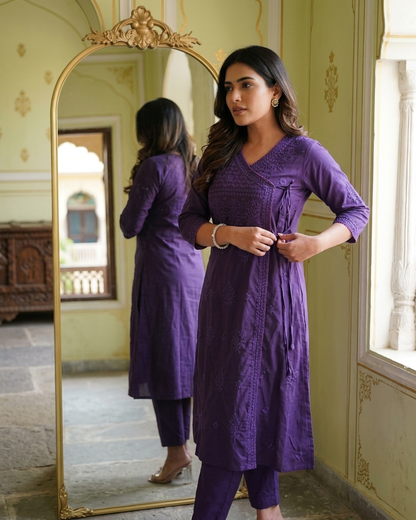 Soft Pastel Angrakha chikan kari Embroidered Kurta Set in Purple