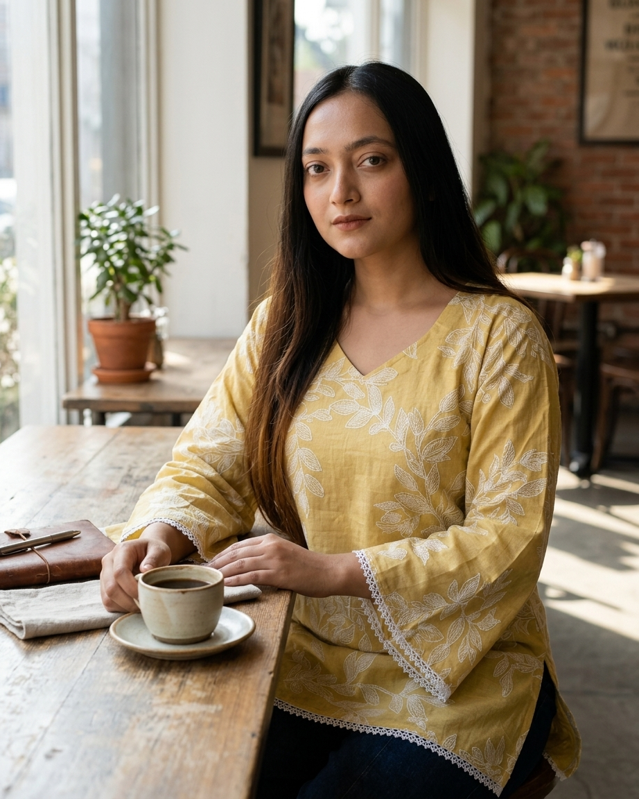 Soft Mustard Yellow Botanical Tunic Top with Lace Trim