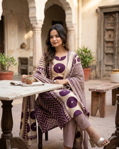 Geometric Print 3-Piece Kurta Set in Purple