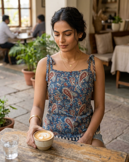 Indigo Blue Paisley Tie-Strap Top with Shell Detailing