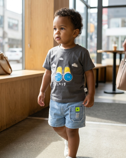 Little Explorer: Boys' Charcoal Binocular Tee & Light-Wash Denim Shorts Set