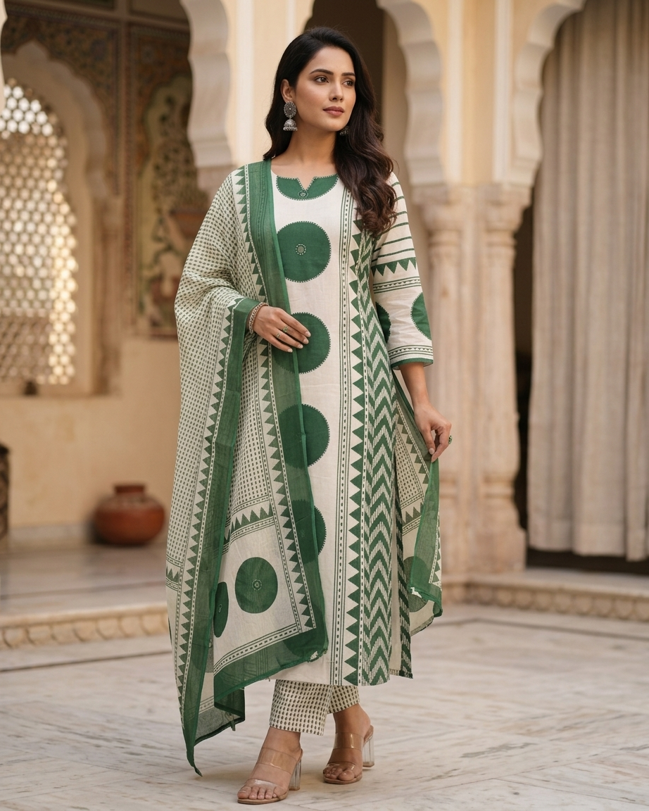 Geometric Print 3-Piece Kurta Set in Green
