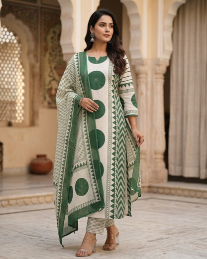 Geometric Print 3-Piece Kurta Set in Green