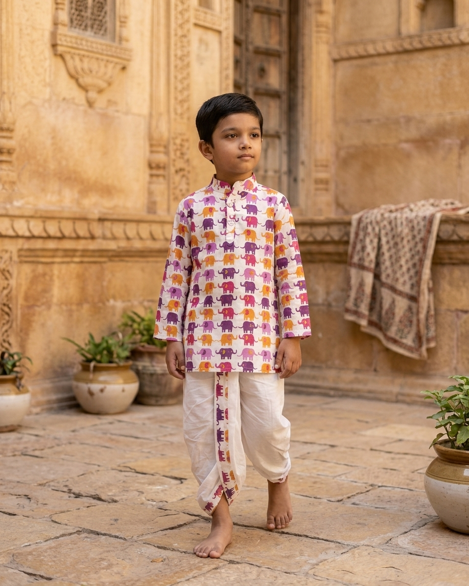 Vibrant Jubilation: Boys' Pink & Purple Elephant Print Kurta Dhoti Set
