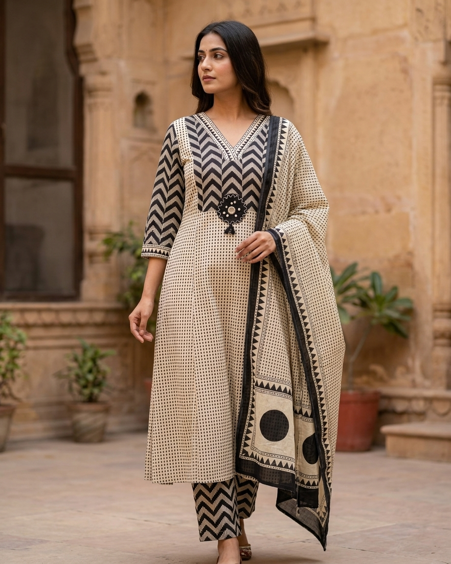 Monochrome Geometric Chevron Kurta Set with Mirror Tassel