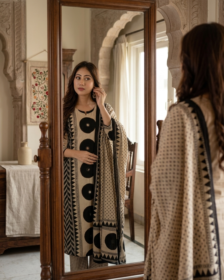 Geometric Print 3-Piece Kurta Set Black
