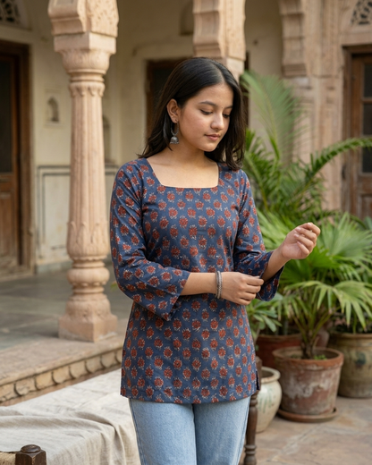 Navy Blue Floral Print Cotton Short Kurti with Flared Sleeves