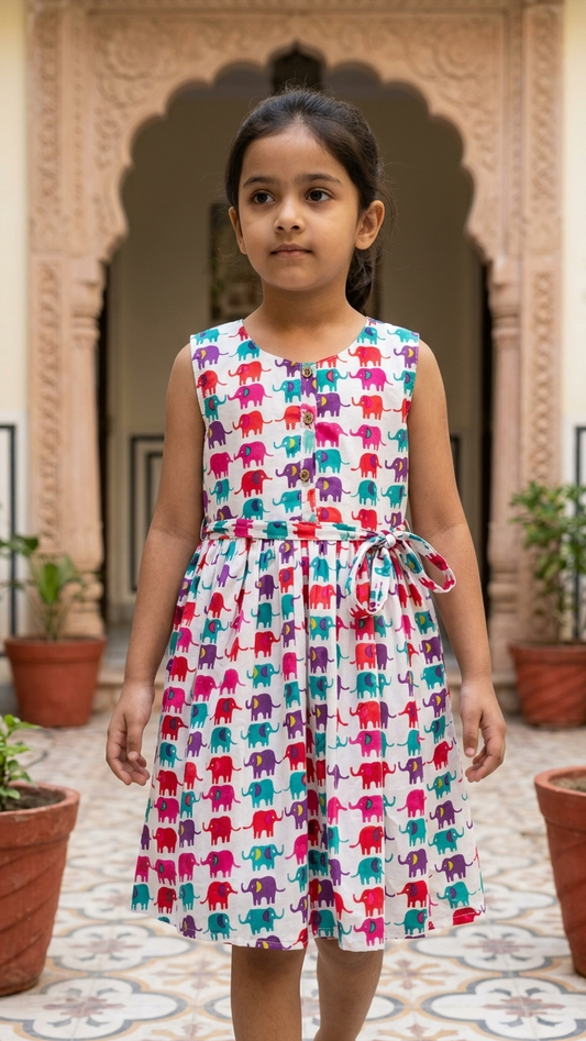 Elephant Parade: Girls' Cotton sleeveless Printed Frock