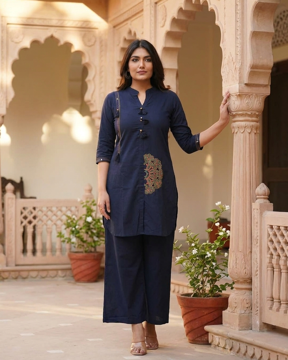 Elegant Front-Button Tassel Kurta with Mandala Embroidery