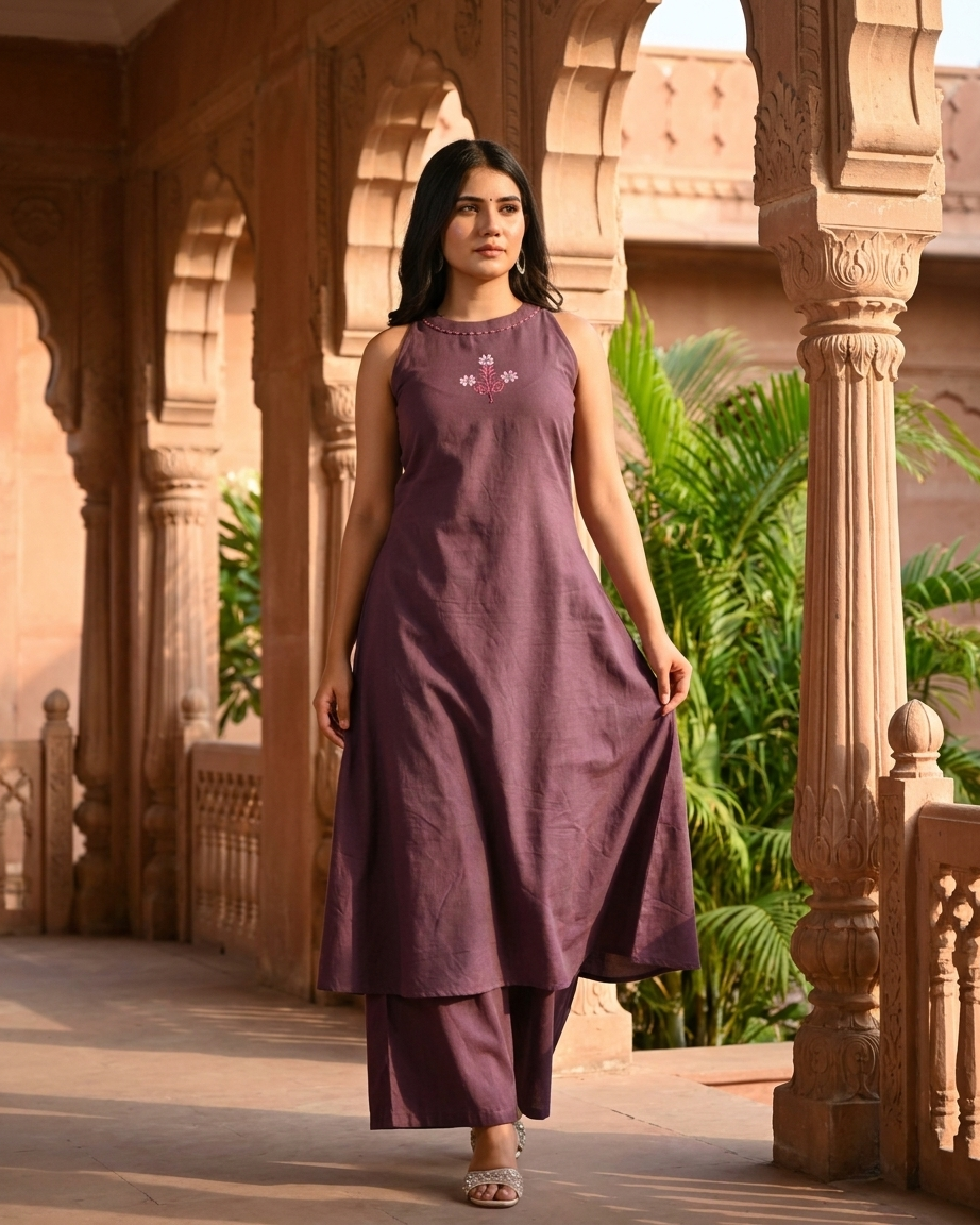 Flared A-Line Kurta Set with Floral Embroidery