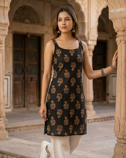 Golden Floral Boota Print Black Sleeveless Short Kurti