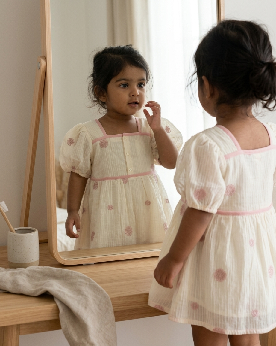 Blush Meadow: Toddler Girls' Cream Embroidered Cotton Dress with Puff Sleeves