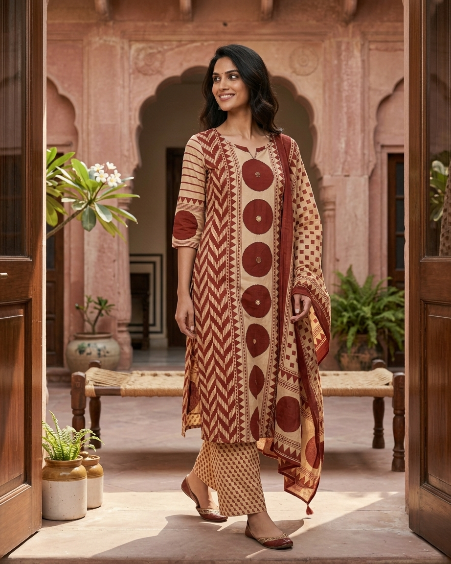 Geometric Print 3-Piece Kurta Set in Red