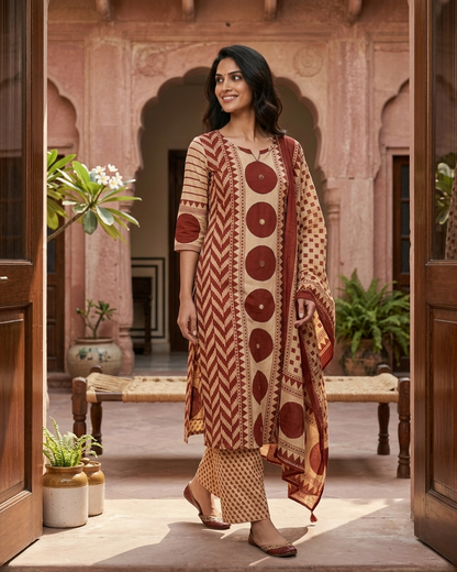 Geometric Print 3-Piece Kurta Set in Red