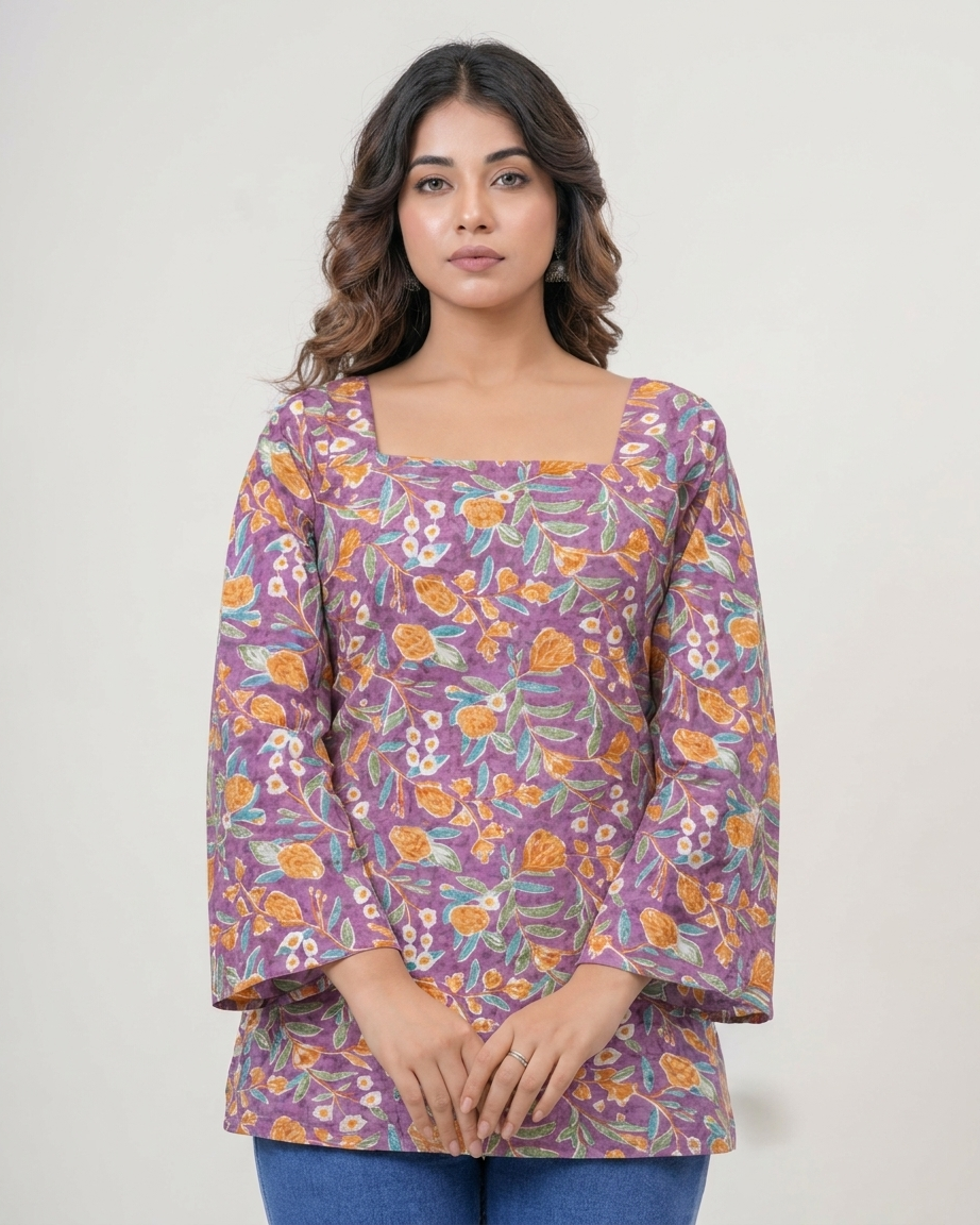 Royal Purple Floral Cotton Kurti with Lace-Up Back & Bell Sleeves