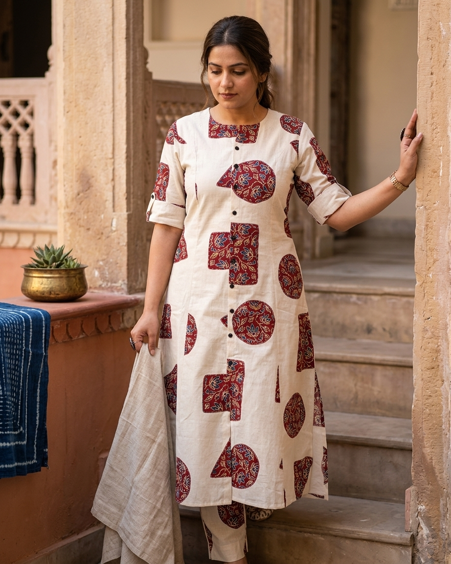Ivory & Madder Red Geometric Patchwork-Style Kurta Set with plazo