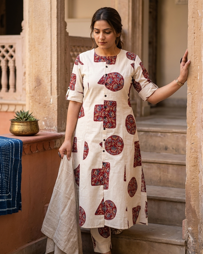 Ivory & Madder Red Geometric Patchwork-Style Kurta Set with plazo