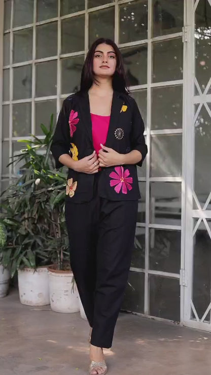 Black floral Embroidered 3-Piece Blazer Co-ord Set