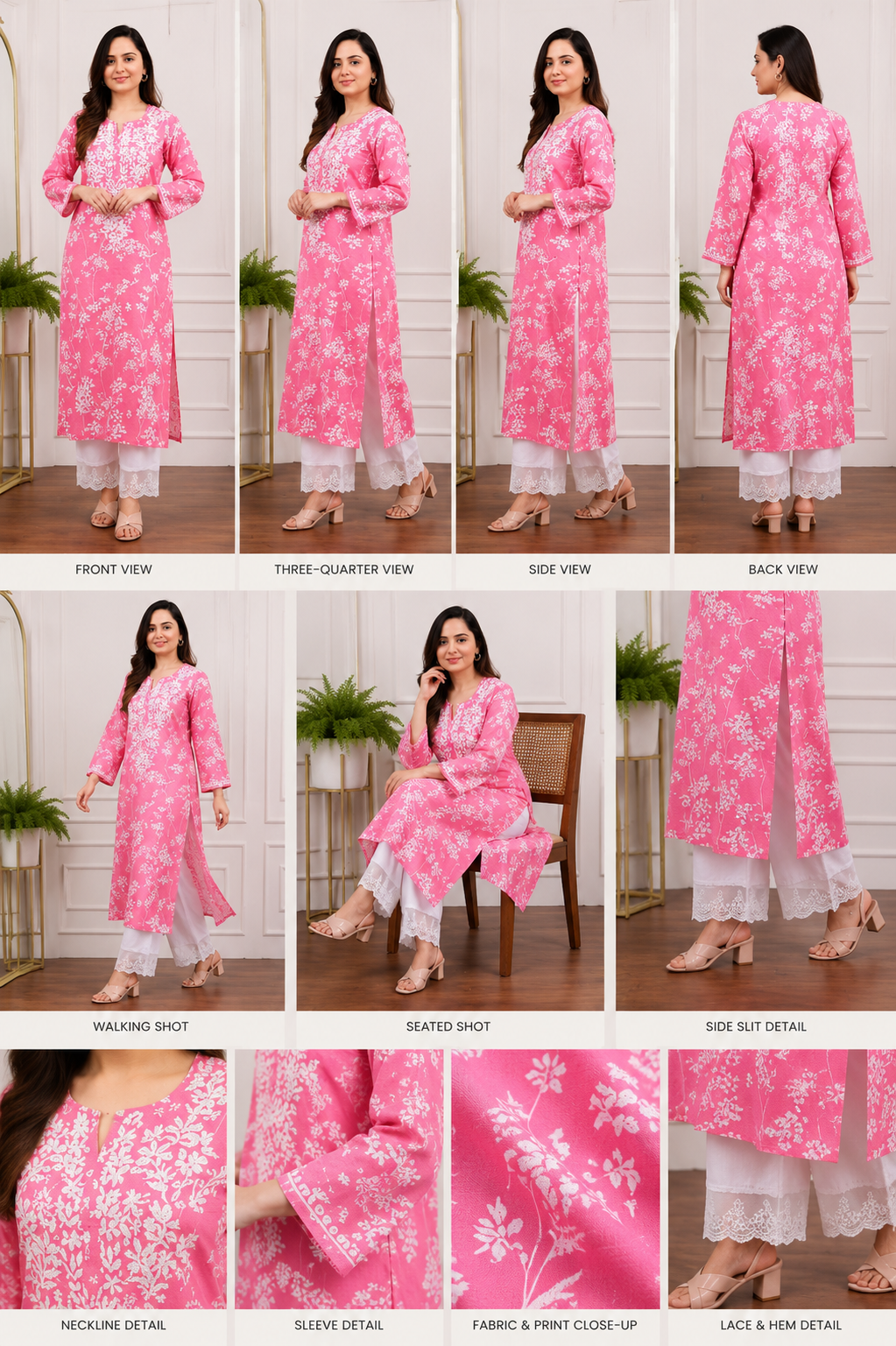 Rosé Pink Summer Blossom Chikankari Kurta Pant Set