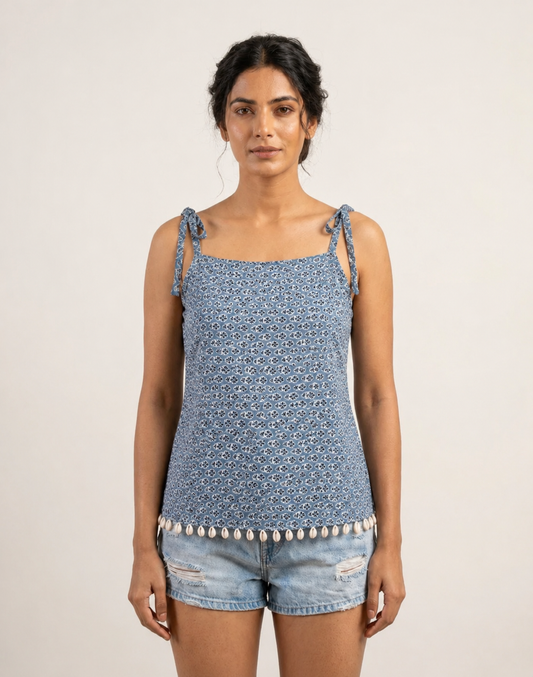 Greyish Blue Paisley Tie-Strap Top with Shell Detailing