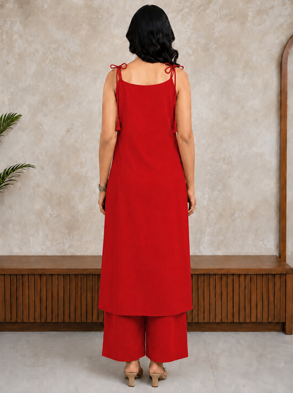 Scarlet Red Mirror Work Cotton Slub Co-ord Set