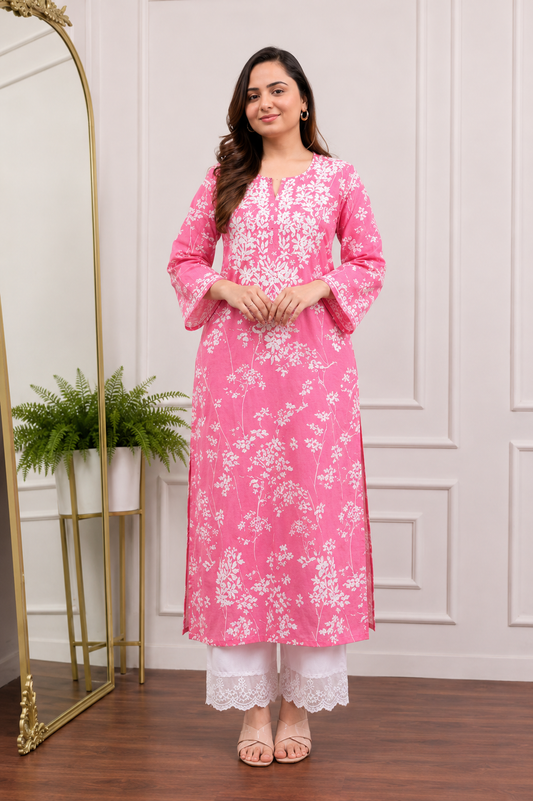 Rosé Pink Summer Blossom Chikankari Kurta Pant Set