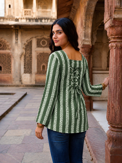 Emerald Green Heritage Stripe Flared-Sleeve Tunic