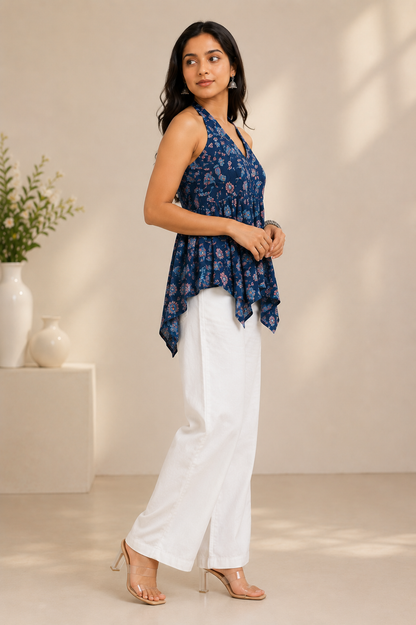 Blue Floral Lotus Print Peplum Top