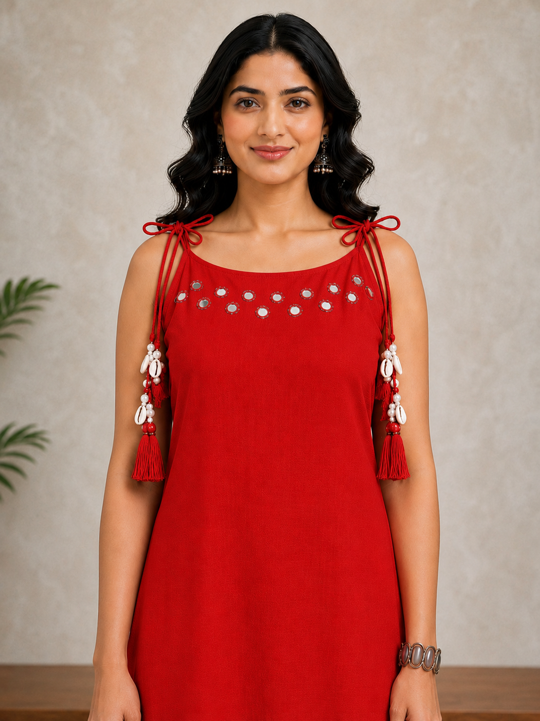 Scarlet Red Mirror Work Cotton Slub Co-ord Set