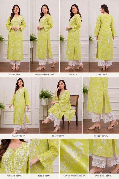 Meadow Green Summer Blossom Chikankari Kurta Pant Set
