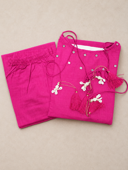 Rani pink Mirror Work Cotton Slub Co-ord Set