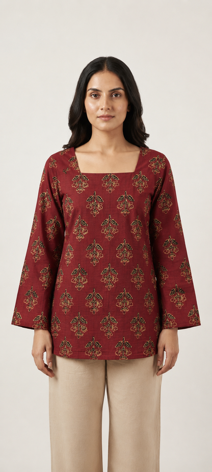 Crimson Red Heritage Motif Square-Neck Tunic