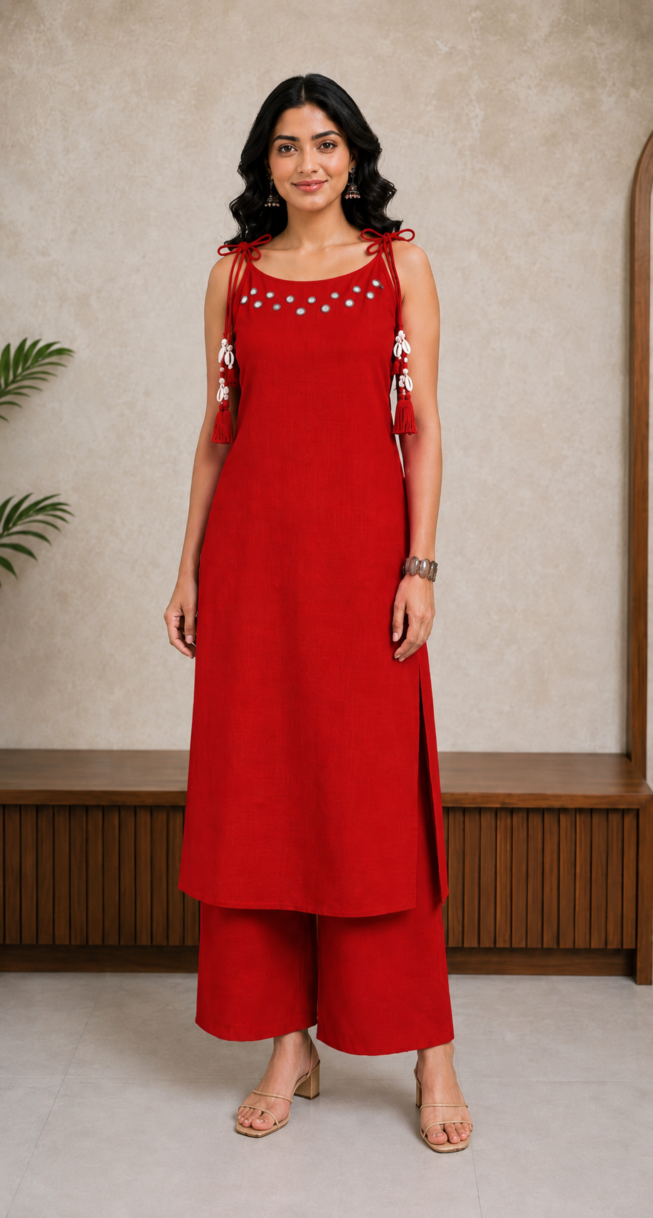 Scarlet Red Mirror Work Cotton Slub Co-ord Set