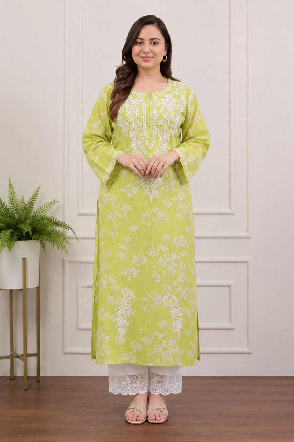 Meadow Green Summer Blossom Chikankari Kurta Pant Set