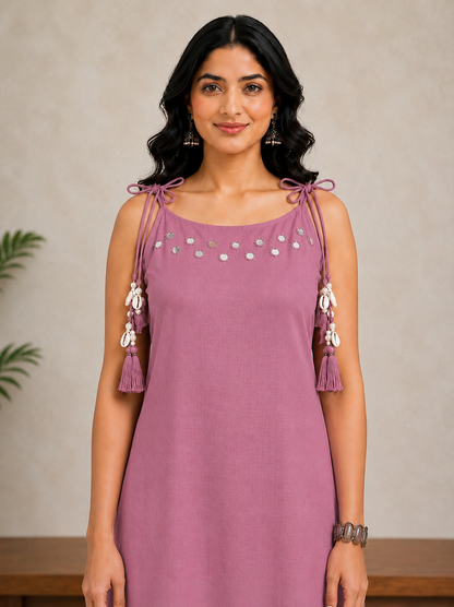 Dusty Mauve Mirror Work Cotton Slub Co-ord Set