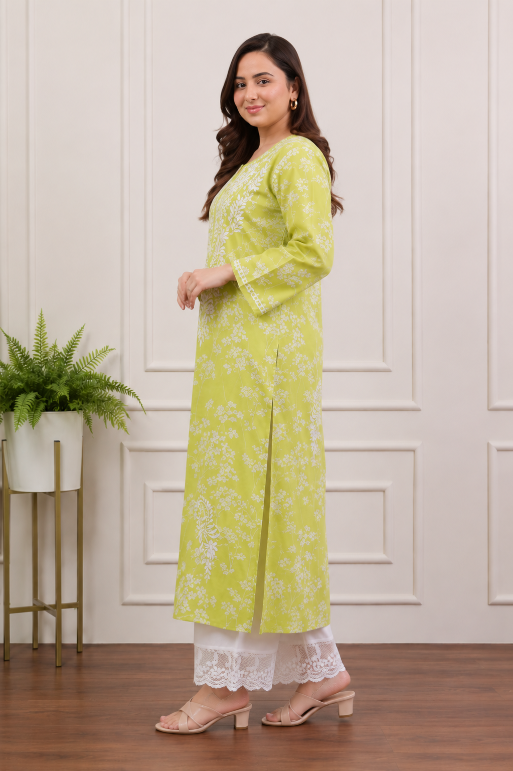Meadow Green Summer Blossom Chikankari Kurta Pant Set
